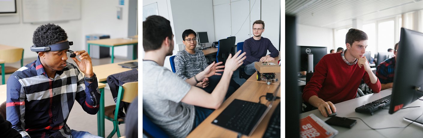 Drei zusammengeschnittene Bilder zeigen Eindrücke des Studiengangs Informatik